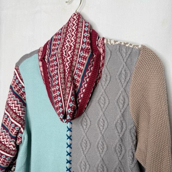 COLDWATER CREEK / red blue tan mixed media abstract patchwork sweater / XL - Picture 3 of 8